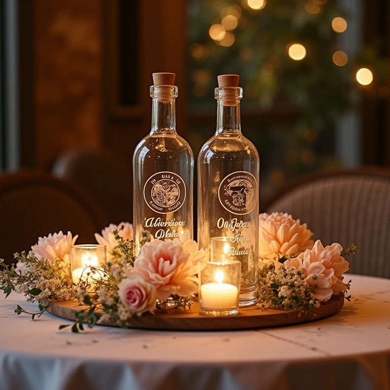 Centros de mesa românticos com garrafas decoradas e flores.