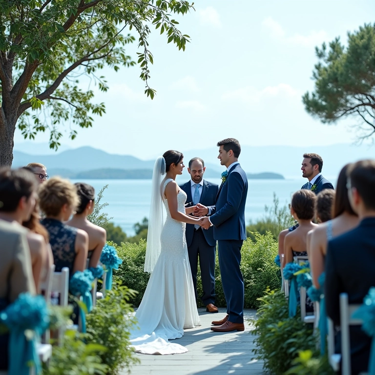 Cerimônia de casamento ao ar livre com paleta de cores frias.