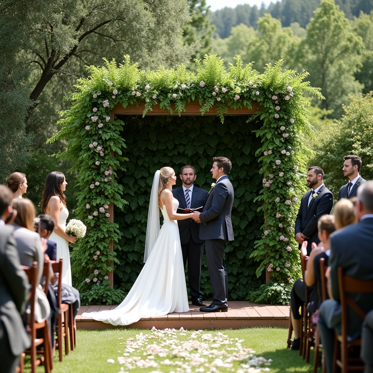 Cerimônia de casamento ao ar livre com um altar de jardim vertical.