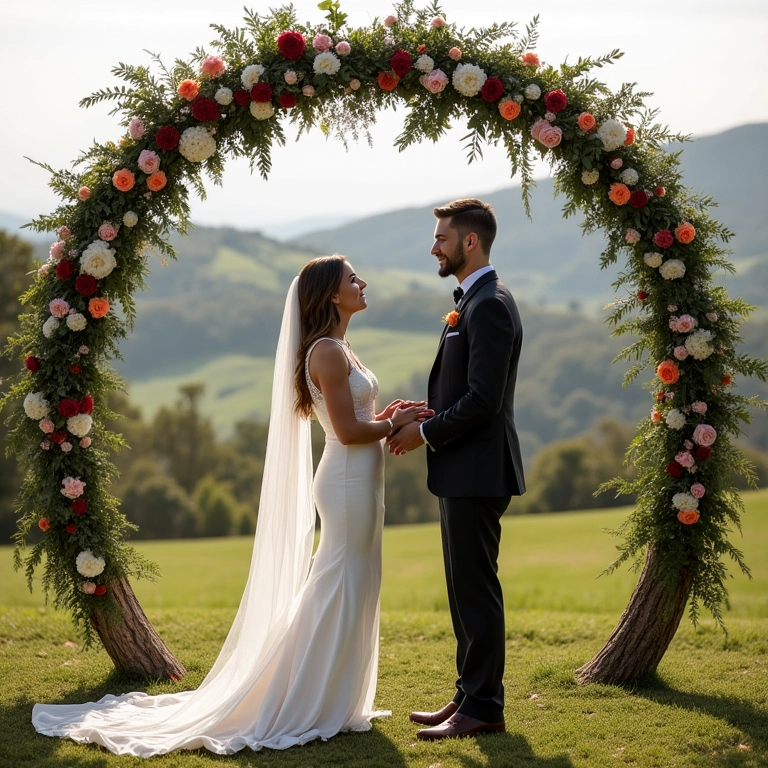 Cerimônia de casamento ao ar livre em um sítio no Brasil.