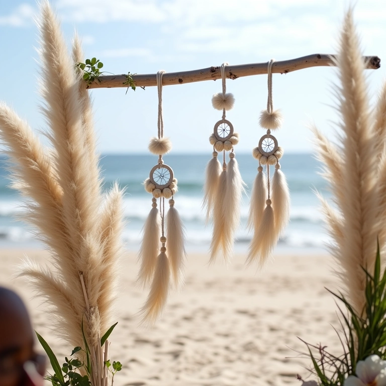 Cerimônia de casamento boho na praia com macramê e flores.