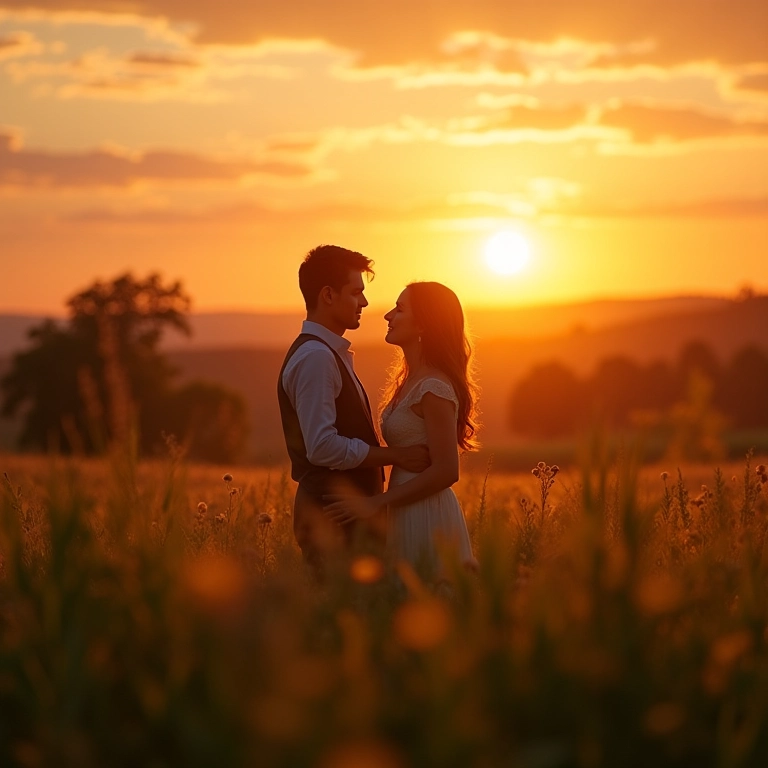 Cerimônia de casamento em fazenda com pôr do sol dourado.