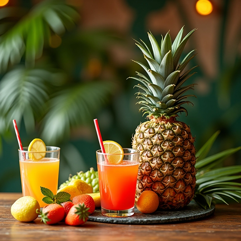 Chá Bar tropical com abacaxis e cores vibrantes.