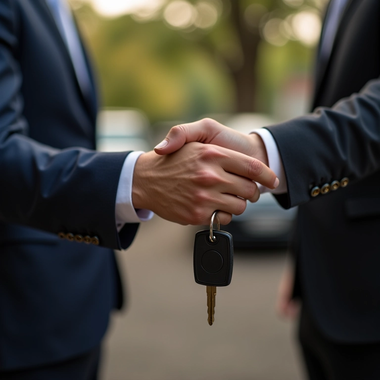Chaves de carro sendo entregues para a noiva, local de casamento desfocado ao fundo.