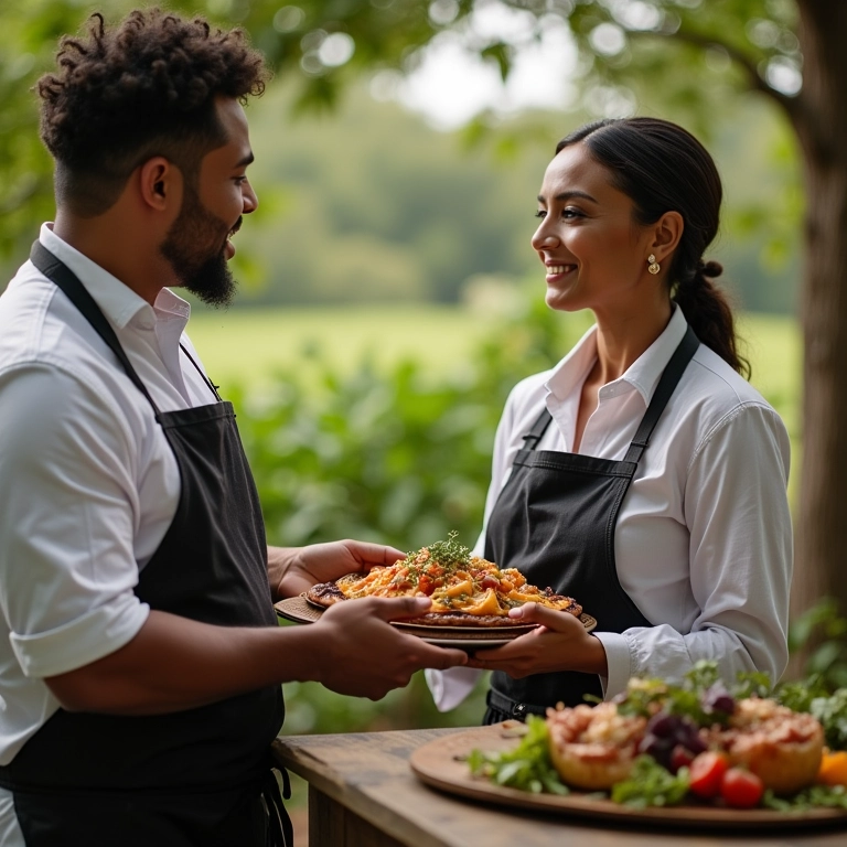 Chef apresentando opções de cardápio para casal em casamento no campo.