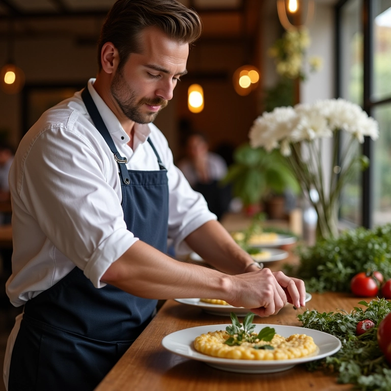 Chef especializado preparando risoto em estação de festa.