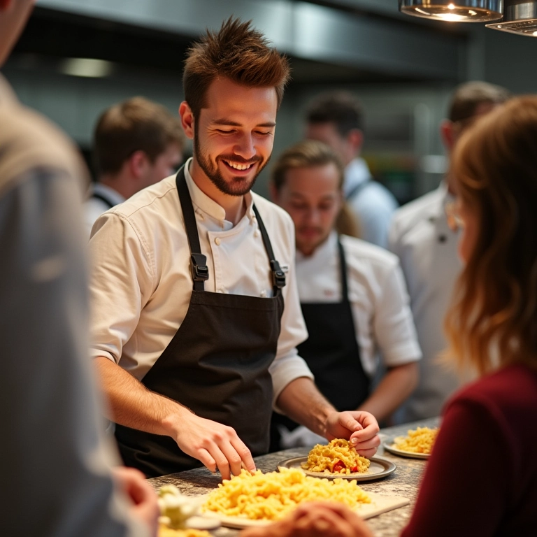Chef profissional preparando massas em uma estação ao vivo.