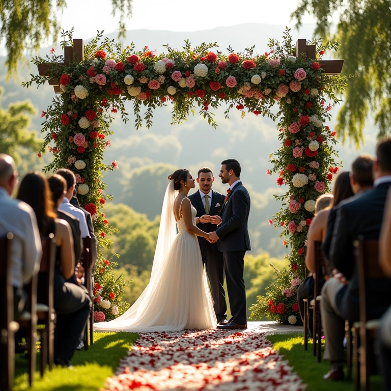 Chuppah decorada com flores em uma cerimônia de casamento judaico.