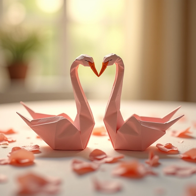 Cisnes de origami decorando uma mesa de casamento com elegância.