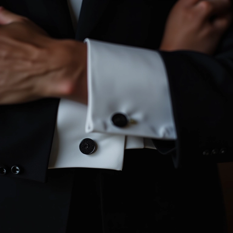 Close up das abotoaduras na camisa de smoking de um noivo.