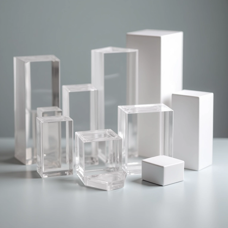 Close-up de diferentes caixas de acrílico, mostrando formatos e tamanhos variados.