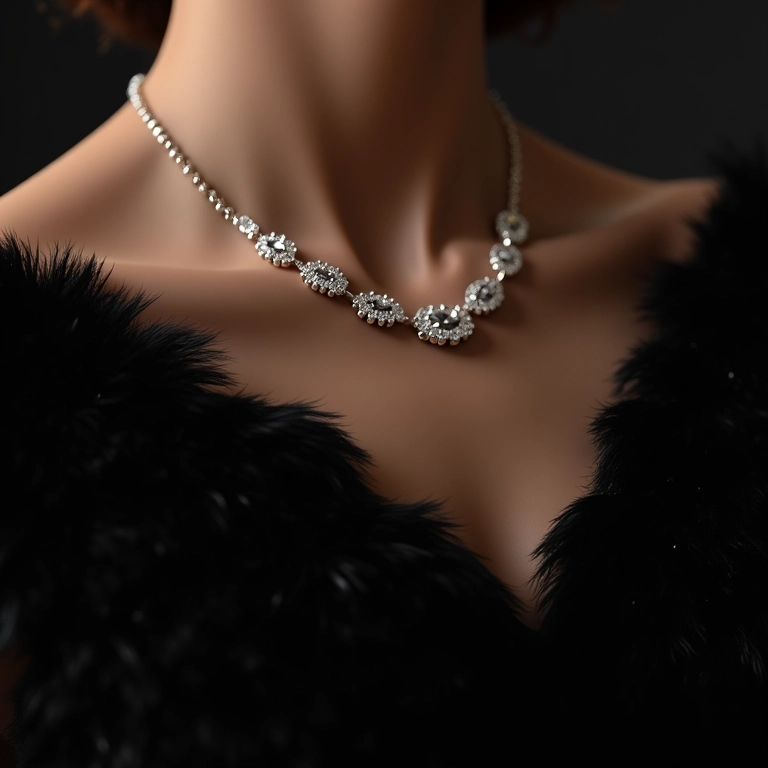 Close-up de joias de diamantes brilhantes complementando um vestido de noiva preto.