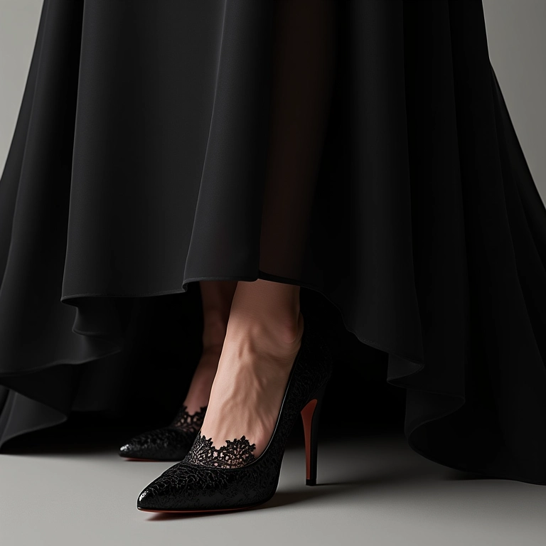 Close-up de sapatos de salto stiletto elegantes combinando com um vestido de noiva preto com detalhes em renda.