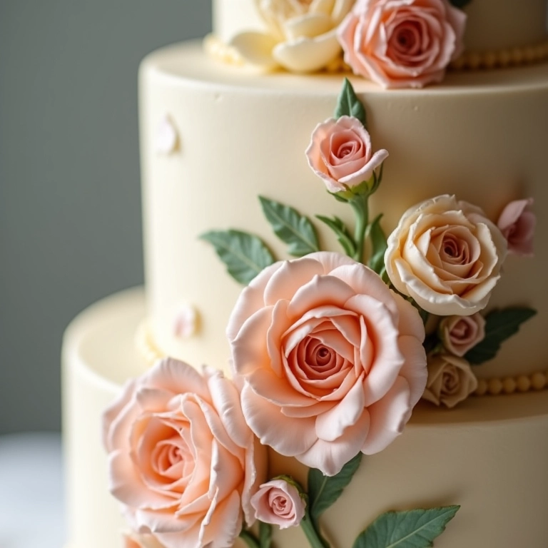 Close-up de um bolo de casamento decorado com flores e cores pastel.