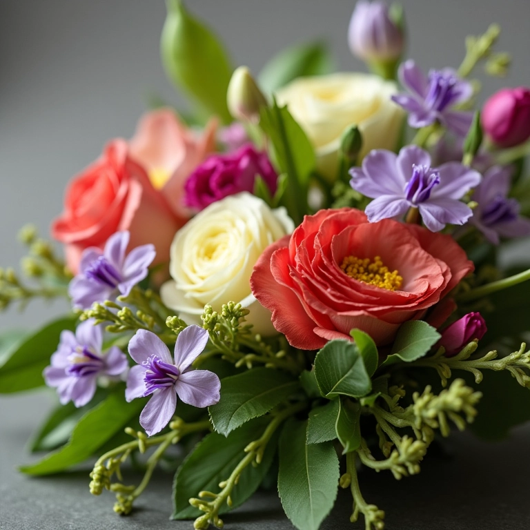 Close-up de várias flores e folhagens para um corsage.
