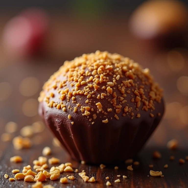 Close-up detalhado de um brigadeiro gourmet.