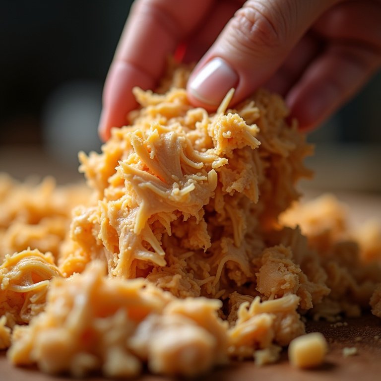 Frango desfiado macio e suculento para o recheio do wrap.