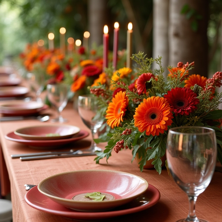 Combinação de cores e texturas em uma mesa posta para casamento.