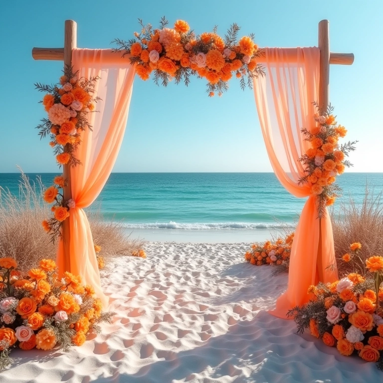 Combinação de cores quentes e frias na decoração de casamento na praia.