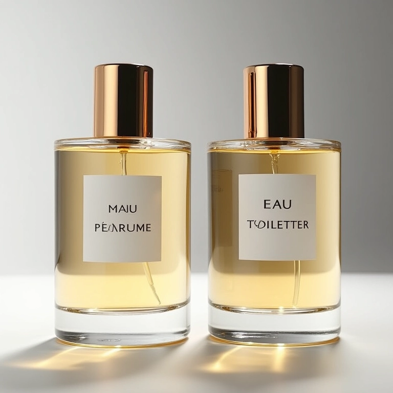 Comparação lado a lado de frascos de Eau de Parfum e Eau de Toilette.