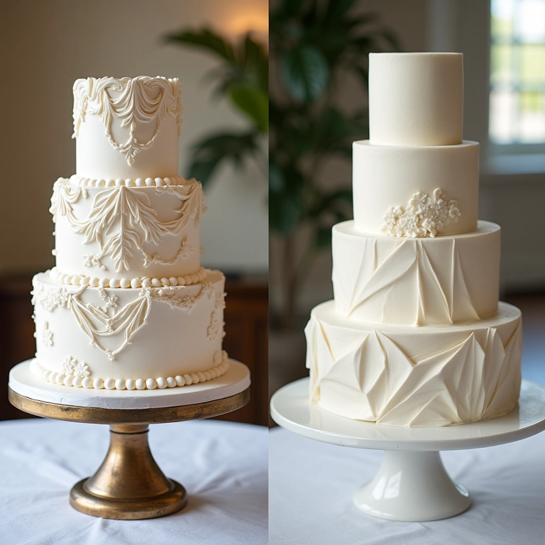 Comparativo de bolo de casamento clássico e moderno.