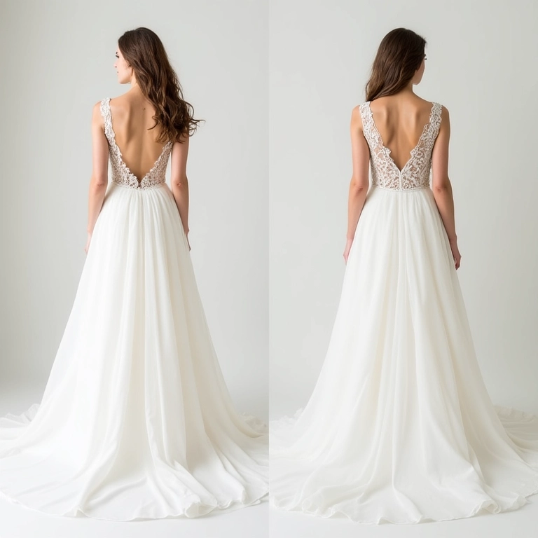 Comparativo entre vestido de noiva sob medida e vestido pronto com foco na qualidade e caimento.