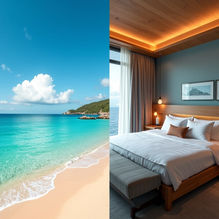 Comparativo visual de uma praia caribenha e um quarto de hotel aconchegante.