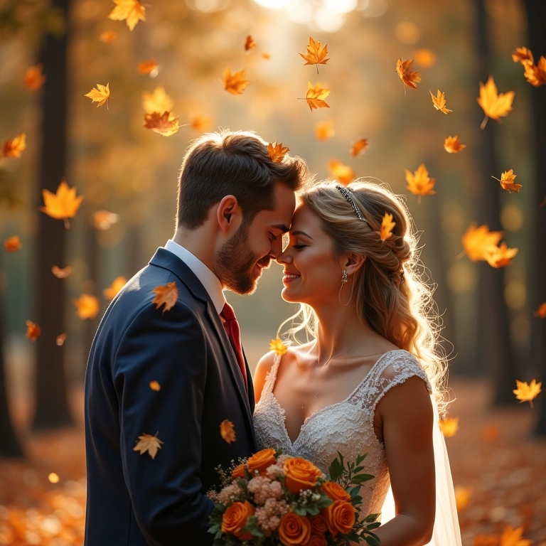 Confetes biodegradáveis de folhas caindo sobre casal feliz.