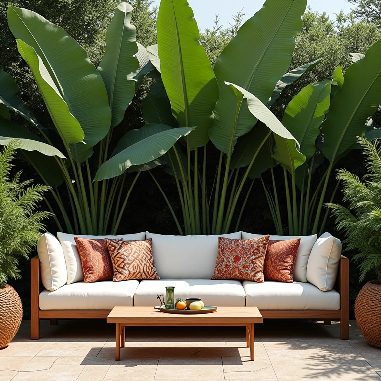 Conjunto de sofá e poltronas em área externa charmosa.