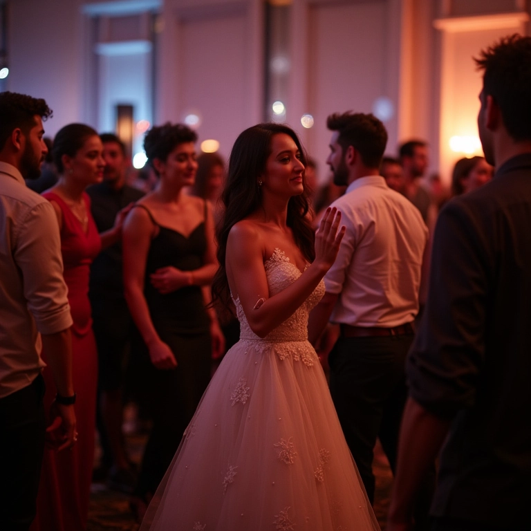 Convidados diversos dançando e curtindo a música em uma festa de casamento.