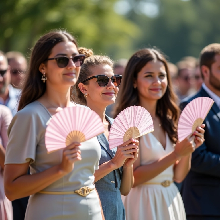 Convidados se refrescando com leques em casamento ao ar livre.
