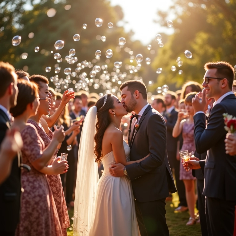 Convidados soprando bolhas de sabão em direção aos noivos, celebração divertida.