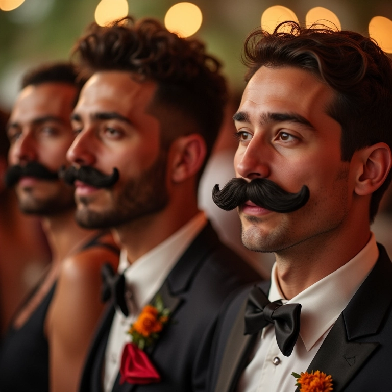 Convidados usando bigodes mexicanos falsos em festa de casamento.