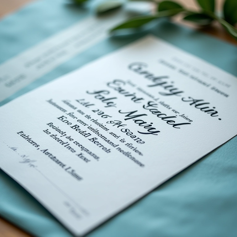 Convite de casamento com detalhes em caligrafia e tons frios.