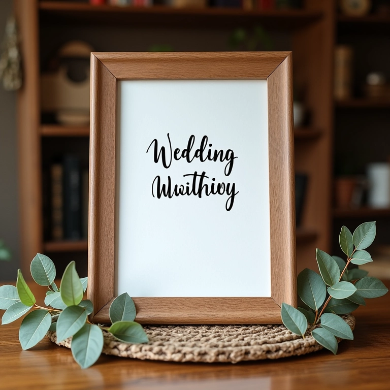 Convite de casamento rústico em moldura de madeira.