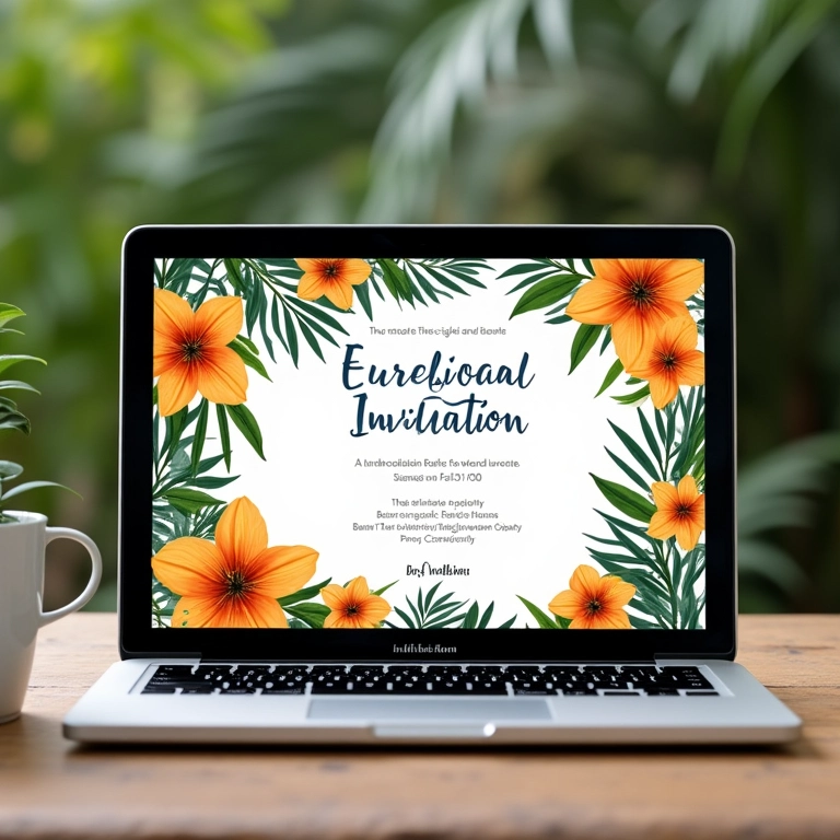 Convite virtual de casamento exibido em um laptop com design colorido.