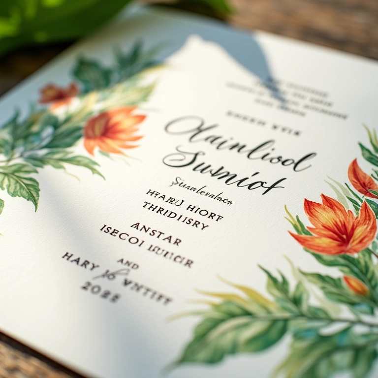 Convites artesanais com detalhes botânicos para casamento tropical.