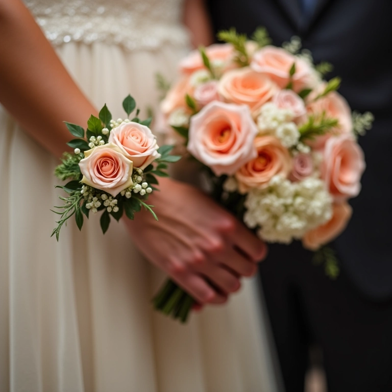 Corsage com rosas que combinam com o buquê da noiva.