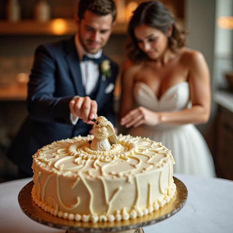 Corte do bolo com utensílios inusitados.