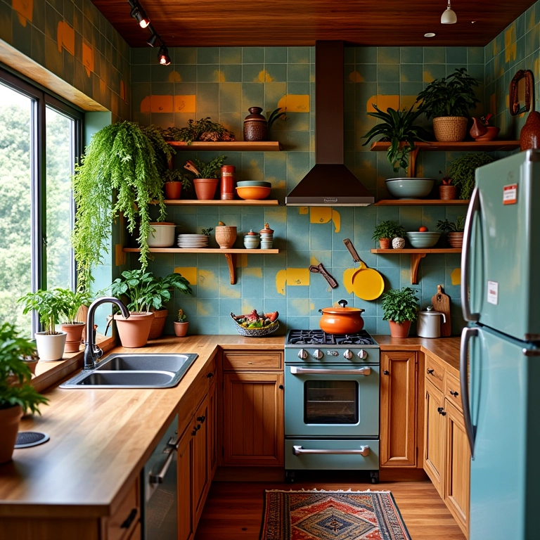 Cozinha aconchegante com azulejos brasileiros e plantas.