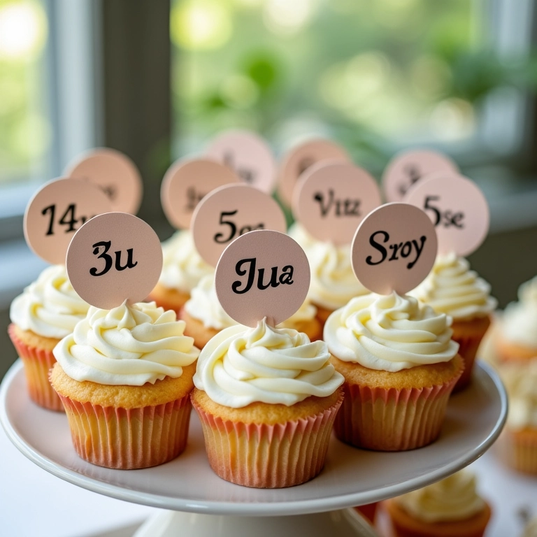 Cupcakes com toppers personalizados de casamento.