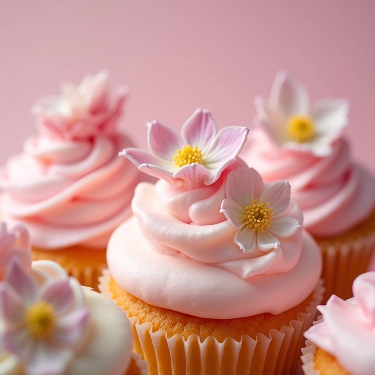 Cupcakes delicados decorados com flores naturais.
