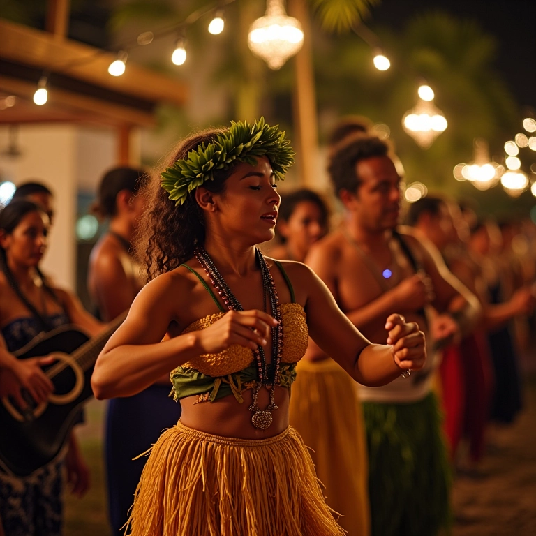 Dançarinos taitianos animando festa de casamento.