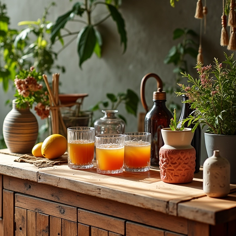 Decoração criativa de um chá bar com estação de coquetéis e seleção de chás.