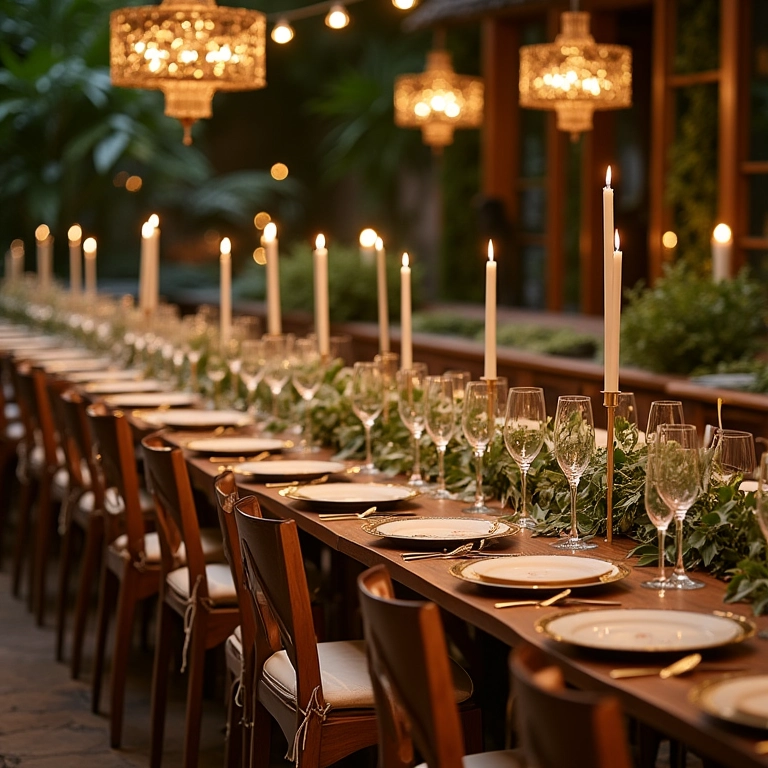 Decoração de casamento elegante com elementos naturais, mesas de madeira e guirlandas verdes.