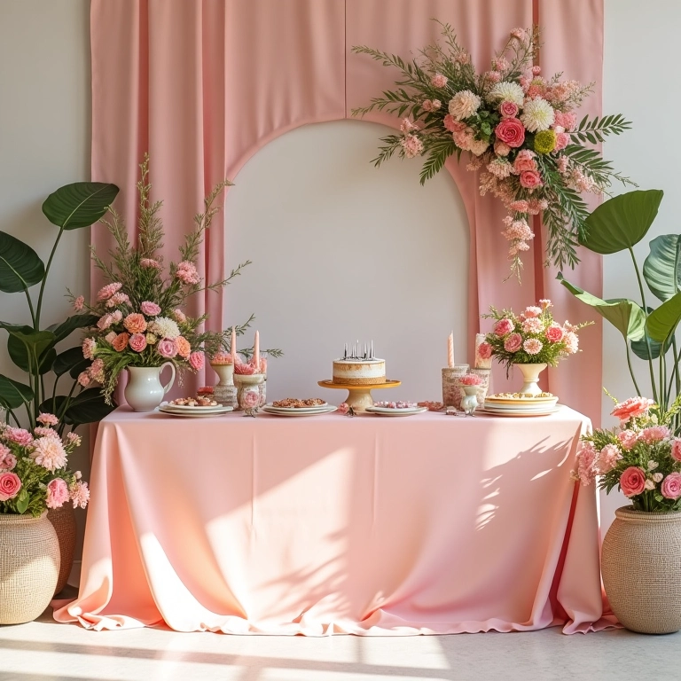 Decoração de chá de cozinha com tema elegante em tons pastéis e arranjos florais.