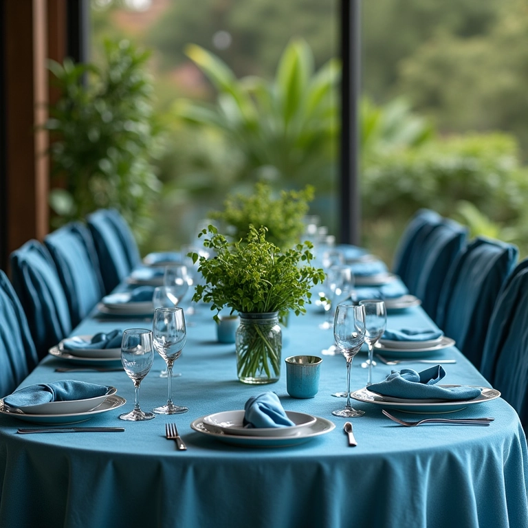 Decoração de mesa de casamento com cores frias.