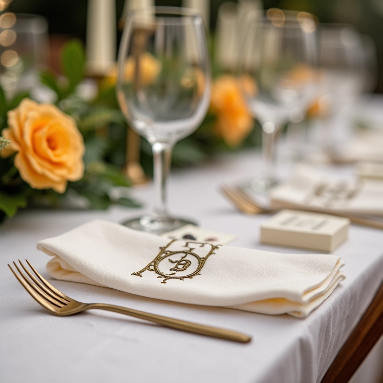 Decoração de mesa de casamento personalizada com guardanapos monogramados.