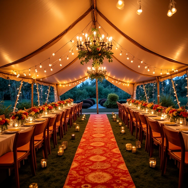 Decoração de tenda para casamento com flores vibrantes e iluminação.