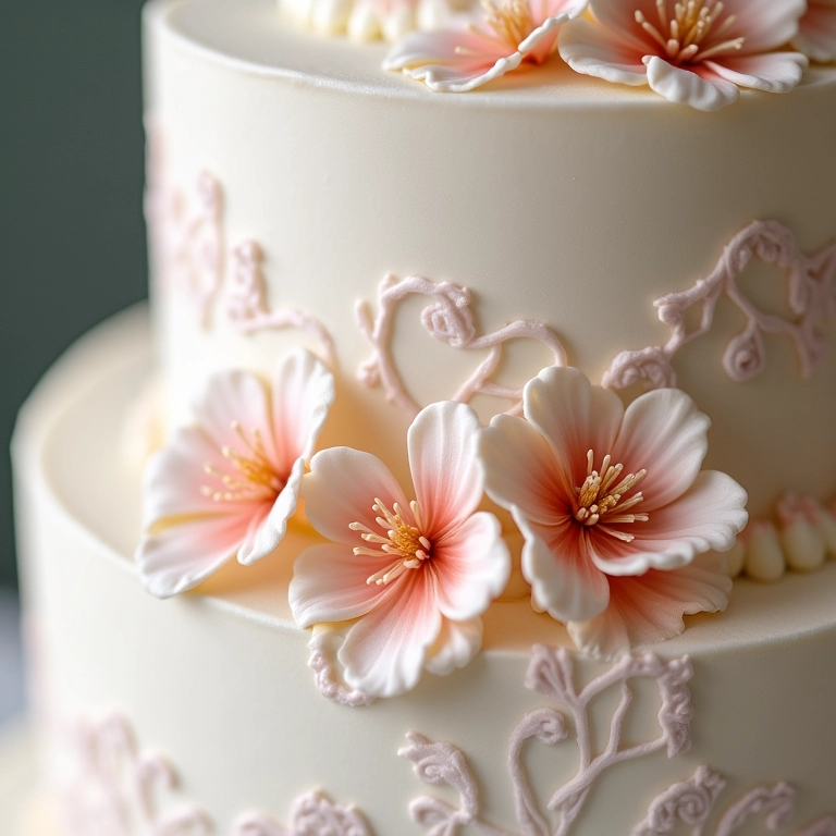 Decoração detalhada de bolo de casamento com flores de pasta americana.